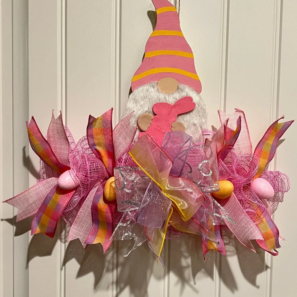 14” Easter Spring Ribbon Bow Wreath Rail Gnome Handmade Pink Orange Hndmd Gr2